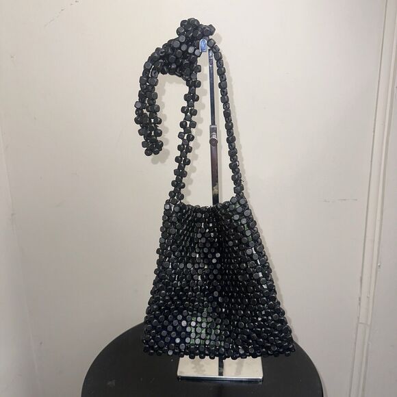 Francesca’s Black Wooden Beaded Crossbody Bag Pouch Floral Lining EUC - Picture 3 of 6